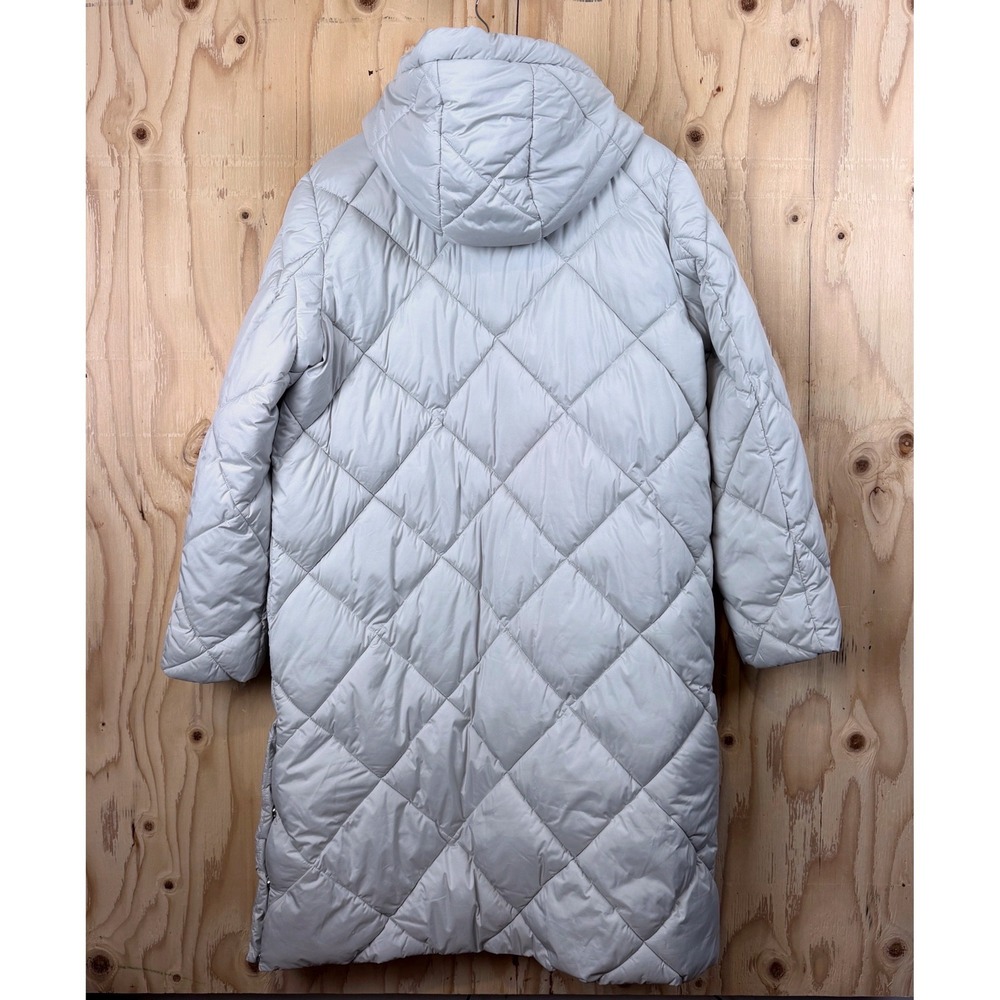 Sam Edelman Hooded Maxi Puffer Women Large Soft Silver Diamond Quilt Coat
